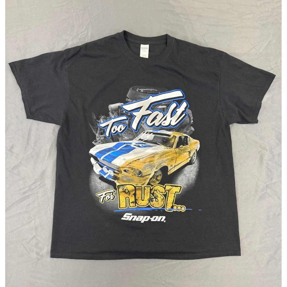 Snap-on Too Fast For Rust Graphic T-Shirt Mens XL Black Muscle Car Gildan Cotton